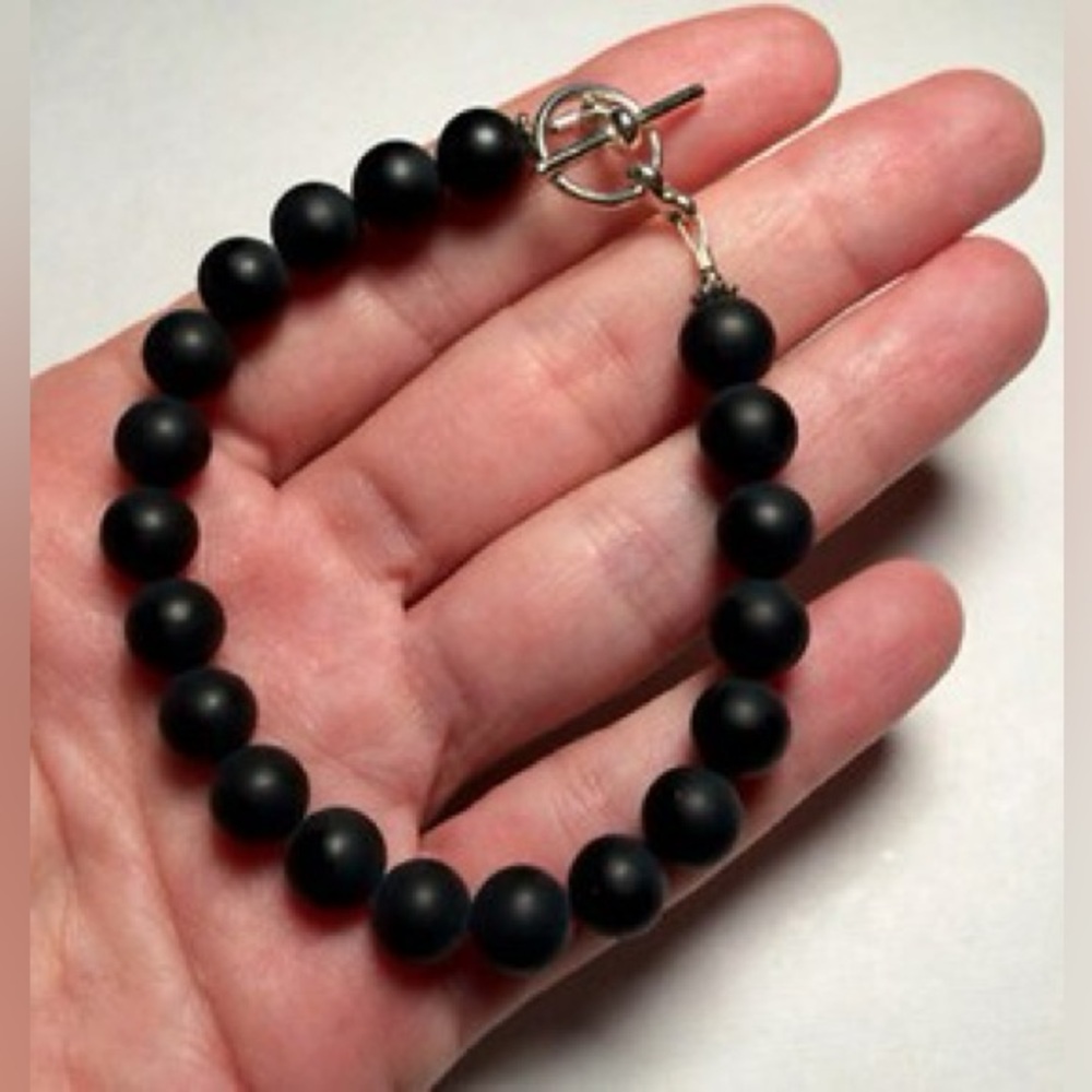 Matte Black Onyx Gemstone & Silver Toggle Bracelet Elegant Wardrobe Staple